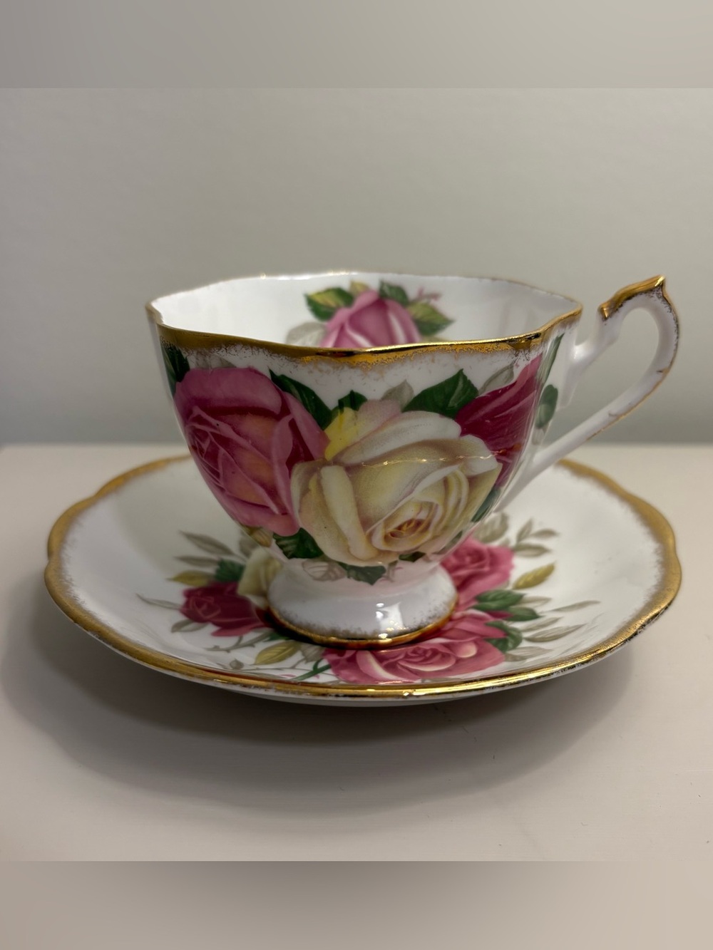 Queen Anne Teacup and Saucer with Pink and Cream Rose “Lady Sylvia” Pattern
